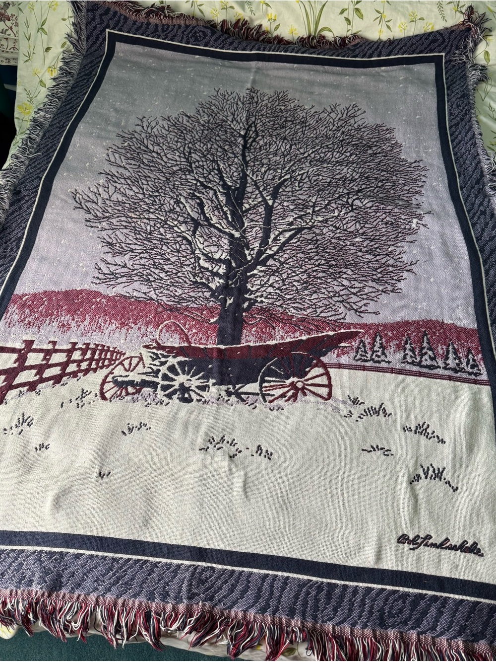 Bob Timberlake Woven Tree & Wagon Throw Blanket in Maroon and Gray